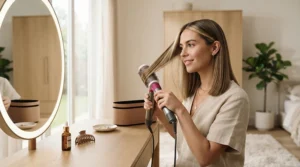 Achieving a sleek finish with a gentle infrared hair dryer for sensitive scalp smoothing.