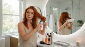 A person using a hair dryer with temperature settings for colour-treated hair in a brightly lit Toronto bathroom