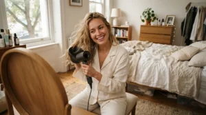 Woman styling her blonde highlights using a hair dryer with temperature settings for colour-treated hair to prevent fading