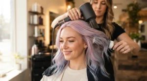 Demonstrating gentle airflow on pastel pink hair with a hair dryer with temperature settings for colour-treated hair