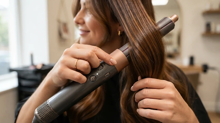 Close-up of a hair dryer with temperature settings for colour-treated hair focusing on heat control for dyed strands