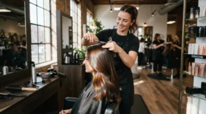 Professional stylist using a hair dryer with temperature settings for colour-treated hair on a client in Calgary