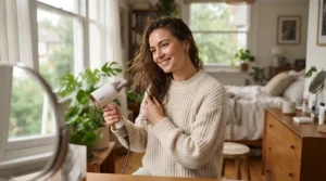 Someone styling damp hair with a high-speed hair dryer after a cold Canadian winter morning walk.