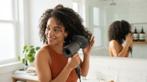 Using a diffuser attachment on a high-speed hair dryer to style curly hair gently.