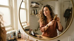 A busy professional using a high-speed hair dryer for quick morning styling before work.