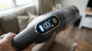 Digital LED display on a high-speed hair dryer showing precise temperature settings.