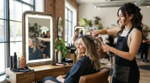 A professional stylist using a high-speed hair dryer in a modern Toronto salon setting.