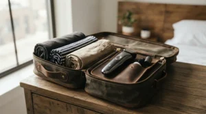 A compact high-speed hair dryer packed neatly inside an overnight bag for weekend travel.
