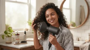 Using an infrared hair dryer vs ceramic hair dryer with a diffuser attachment on curly hair in Edmonton.