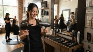 A professional stylist testing an infrared hair dryer vs ceramic hair dryer in an Ottawa salon.