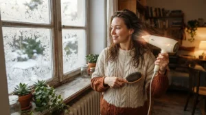 A cozy winter hair care routine evaluating an infrared hair dryer vs ceramic hair dryer in Calgary.