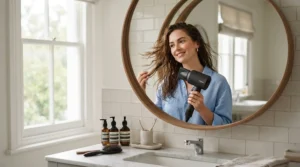 A woman using her professional ceramic hair dryer in a brightly lit Toronto apartment bathroom during her morning routine.