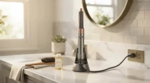 A sleek professional ceramic hair dryer displayed neatly on a marble vanity counter beside hair care products.