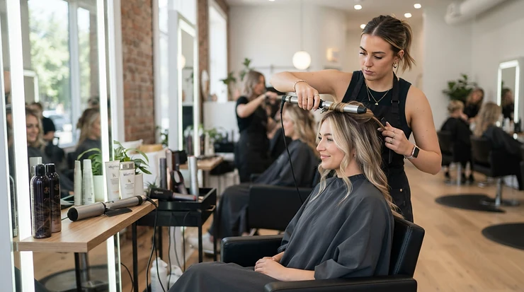 A professional ceramic hair dryer being used by a stylist in a modern Vancouver hair salon to achieve salon-quality results.