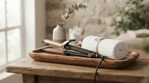 A professional ceramic hair dryer resting on a clean wooden tray inside a serene Calgary spa preparation room.