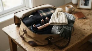 A compact professional ceramic hair dryer packed neatly alongside winter accessories in a Canadian traveler's overnight bag.