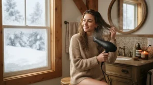 A professional ceramic hair dryer used to combat static and dry winter hair during a chilly Montreal evening.