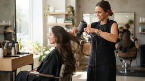 Using a professional infrared hair dryer on thick, wavy hair to achieve a smooth finish.