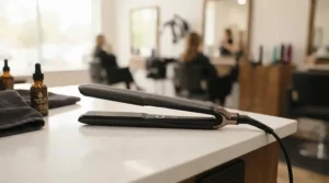 A professional infrared hair dryer resting on a styling station in a bright Toronto salon.