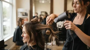 Achieving salon-quality drying results with a professional infrared hair dryer and round brush.