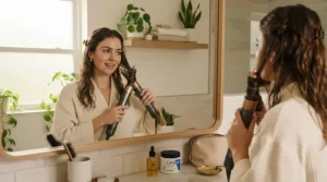 A person styling their hair at home using a top professional infrared hair dryer.