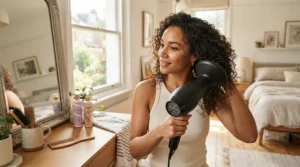 Defining curls with a diffuser attachment on a tourmaline hair dryer for color-treated hair to maintain pastel tone vibrancy.