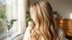 Close-up showing glossy, smooth blonde highlights achieved using a tourmaline hair dryer for color-treated hair.