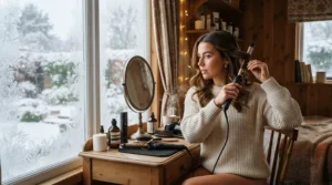 Combating winter dryness on tinted hair using a tourmaline hair dryer for color-treated hair near a snowy window view.